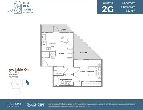Floor plan for 1 bed, 1 bath, 642 sqft